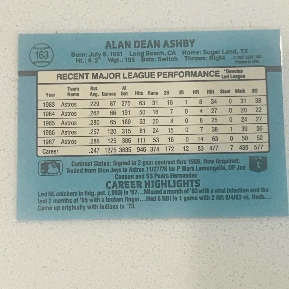 1988 Donruss Alan Ashby Houston Astros Baseball Card 163 Vintage Catcher